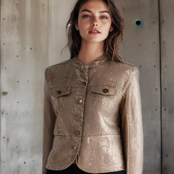 NWT Dana Buchman Snakeskin Python Metallic Tan Gold Foil Moto Jacket Coat L 10 - Picture 1 of 5